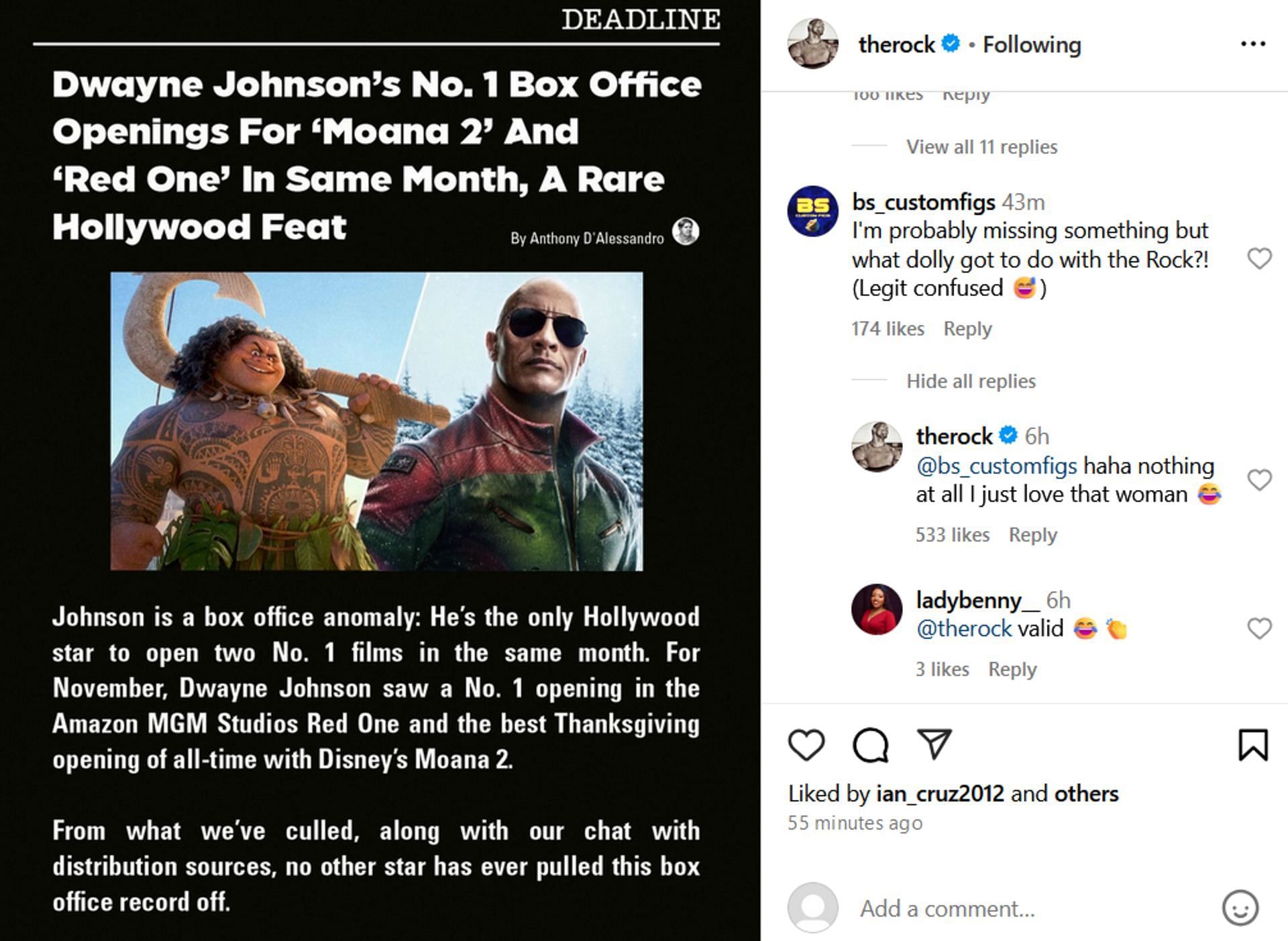 Screenshot of The Rock's comment on Instagram (Photo Credit: The Rock on Instagram)